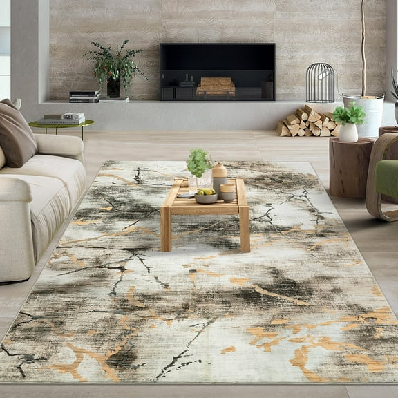 GlowSol 5' x 7' Area Rug Modern Abstract Rugs Washable Non-Slip Low Pile Rugs for Living Room Bedroom, Brown