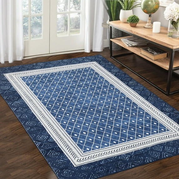 GlowSol 5' x 7' Area Rug Modern Bordered Geometric Rug Washable Rugs Soft Foldable Rug, Navy Blue