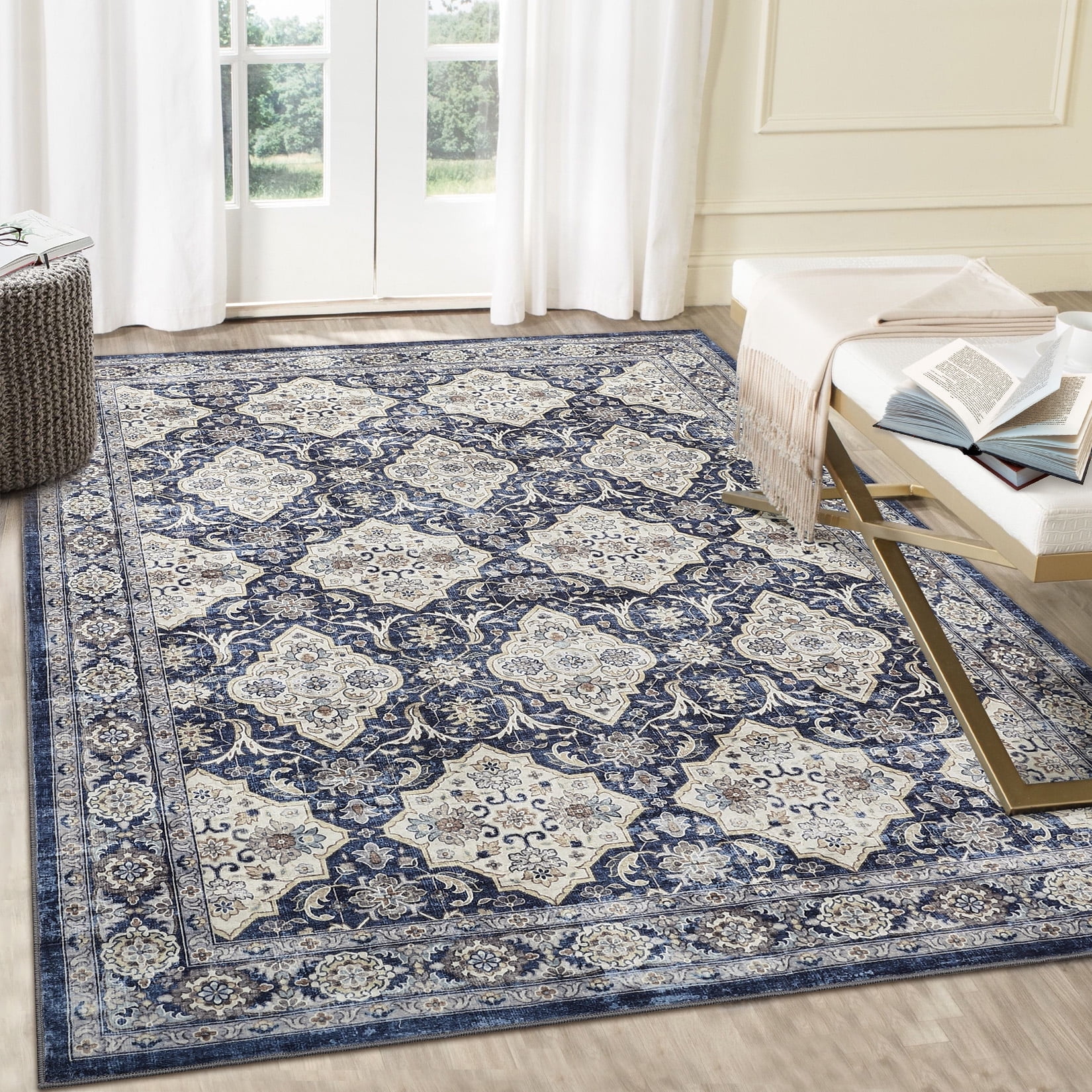 GlowSol 5' x 7' Area Rug Vintage Boho Floral Distressed Rug Soft Foldable Throw Carpet for Dorm Apartment, Navy Blue
