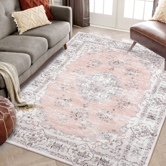 GlowSol 5' x 7' Area Rug Vintage Persian Rug Boho Floral Distressed Rug Soft Foldable Throw Carpet for Dorm Apartment, Pink