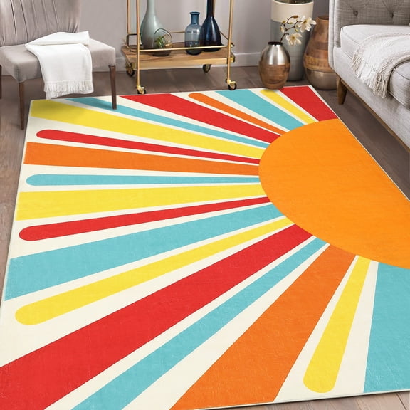 GlowSol 5' x 7' Area Rug Washable Rug Sun Pattern Print Area Rug Modern Kids Area Rug Bohemian Floor Carpet for Bedroom Living Room, Orange/Red