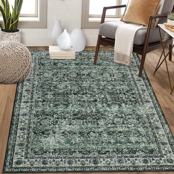 GlowSol 5' x 7' Area Rugs for Living Room Bedroom Vintage Distressed Floral Rugs Soft Foldable Rug, Green