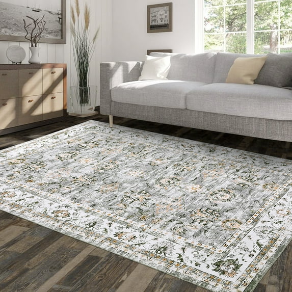 GlowSol 5' x 7' Rug Vintage Distressed Persian Area Rug Farmhouse Traditional Print Carpet Non-Slip Low Pile Accent Rug Carpet Floor Decoration, Green/Grey