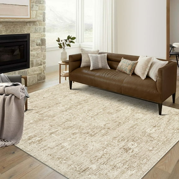 GlowSol 5' x 7' Vintage Floral Area Rug Machine Washable Distressed Rug Soft Stain-Resistant Accent Rugs for Office, Taupe