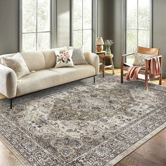 GlowSol 5' x 7' Vintage Floral Rug Non-Shedding Non Slip Carpet Distressed Floor Carpet for Dining Room Office, Brown