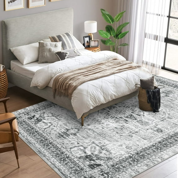 GlowSol 5' x 7' Vintage Floral Rug Non-Shedding Non Slip Carpet Distressed Floor Carpet for Dining Room Office, Gray