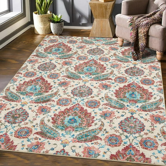 GlowSol 5' x 7' Vintage Paisley Print Rug Washable Area Rugs for Living Room Bedroom Non Slip Low Pile Rug, Multi