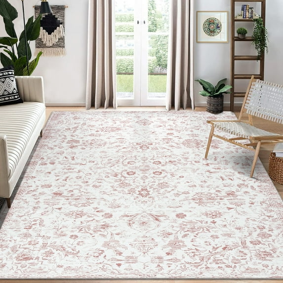 GlowSol 5' x 7' Washable Area Rug Soft Floral Distressed Rug Indoor Vintage Medallion Carpet Foldable Rug Non-Slip Low Pile Thin Rug for Dorm Playroom, Pink