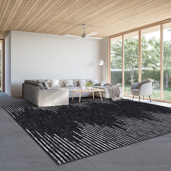 GlowSol 5' x 7' Washable Rug Geometric Striped Area Rug Soft Non Slip Low Pile Stain Resistant Carpet for Living Room Bedroom, Black