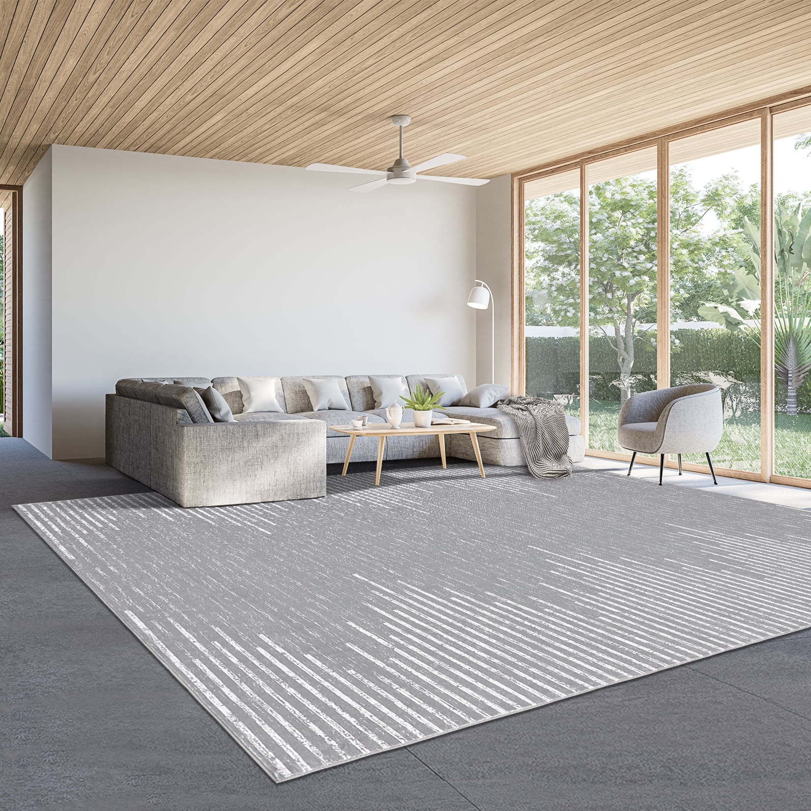 GlowSol 5' x 7' Washable Rug Geometric Striped Area Rug Soft Non Slip Low Pile Stain Resistant Carpet for Living Room Bedroom, Gray