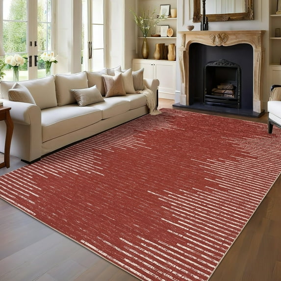 GlowSol 5' x 7' Washable Rug Geometric Striped Area Rug Soft Non Slip Low Pile Stain Resistant Carpet for Living Room Bedroom, Red