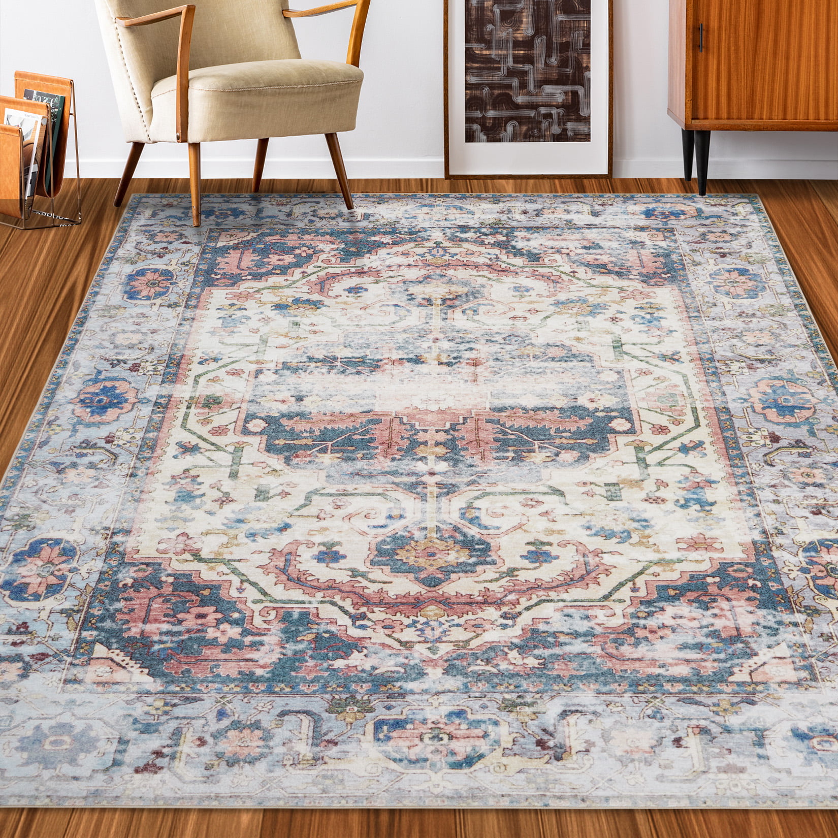 GlowSol 5' x 7' Washable Rug Vintage Distressed Oriental Medallion Area