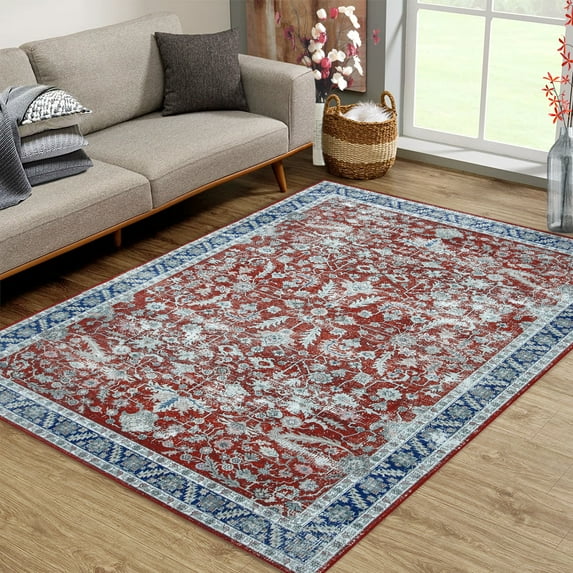 GlowSol 5 x 7 feet Vintage Persian Area Rug Oriental Floral Print Carpet Low Pile Stain Resistant Floor Cover for Dining Room Home Office, Red