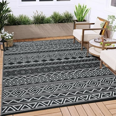GlowSol 5' x 8' Outdoor Rug Boho Geometric Outside Plastic RV Rug Waterproof Reversible Patio Rug Straw Rug for Patio Clearance Balcony Picnic Beach Deck, Black