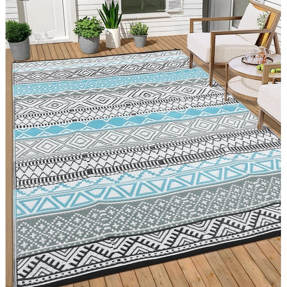 GlowSol 5' x 8' Outdoor Rug Boho Geometric Outside Plastic RV Rug Waterproof Reversible Patio Rug Straw Rug for Patio Clearance Balcony Picnic Beach Deck, Blue Gray