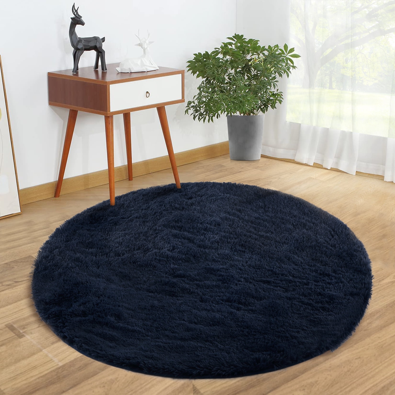 GlowSol 5'x5' Dark Navy Blue Round Rug for Bedroom, Fluffy Circle ...