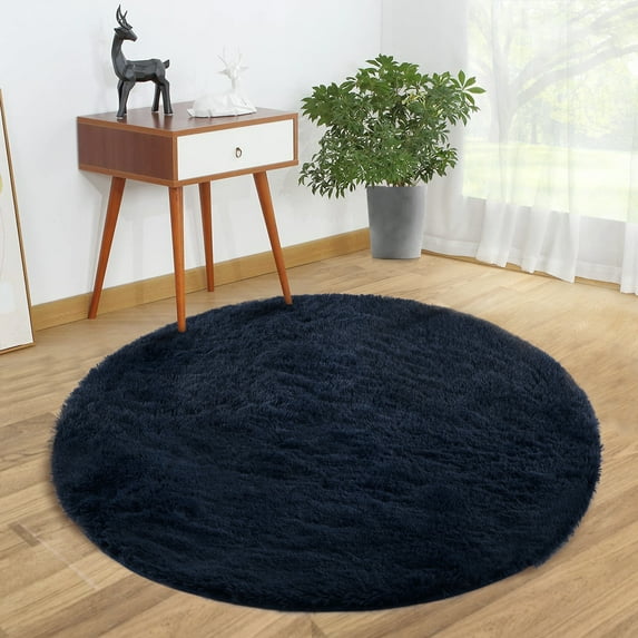 GlowSol 5'x5' Dark Navy Blue Round Rug for Bedroom, Fluffy Circle Shaggy Area Rug Fuzzy Carpet for Nursery Home Decor Soft Circular Rugs for Living Room
