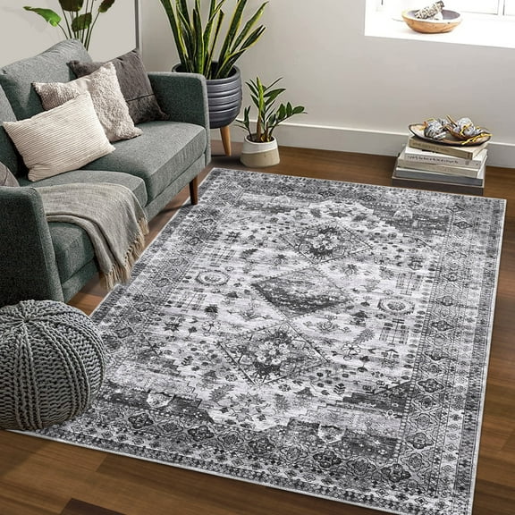 GlowSol 5'x7' Area Rug Boho Vintage Distressed Print Rugs Tribal Non-Slip Non-Shedding Throw Carpet for Nursery Dorm Home Decor, Gray Black