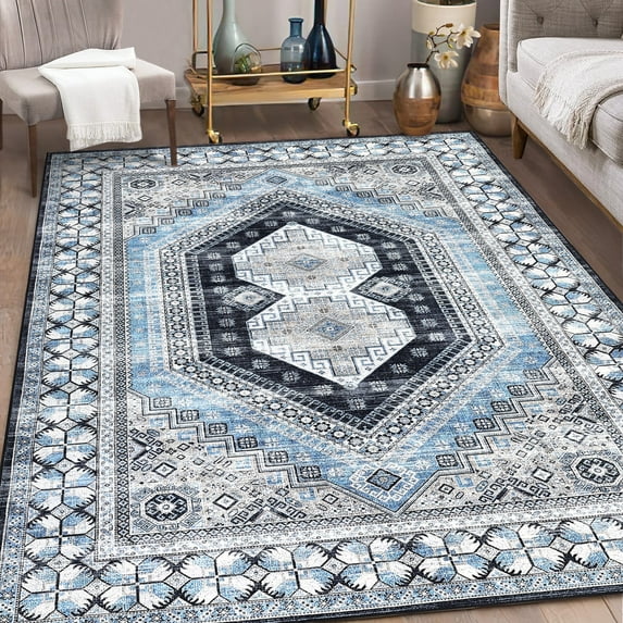 GlowSol 5'x7' Area Rug Boho Vintage Persian Distressed Rug Soft Foldable Low Pile Non Slip Throw Rug for Dorm Playroom Office, Blue Gray