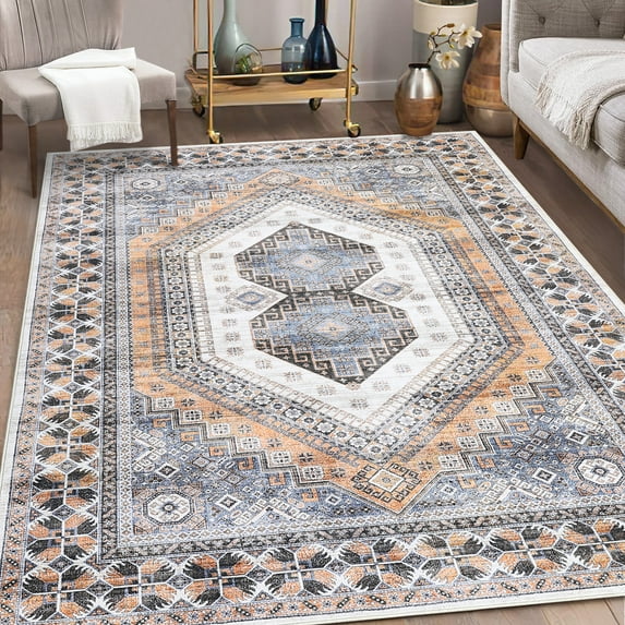GlowSol 5'x7' Area Rug Boho Vintage Persian Distressed Rug Soft Foldable Low Pile Non Slip Throw Rug for Dorm Playroom Office, Light Orange Gray