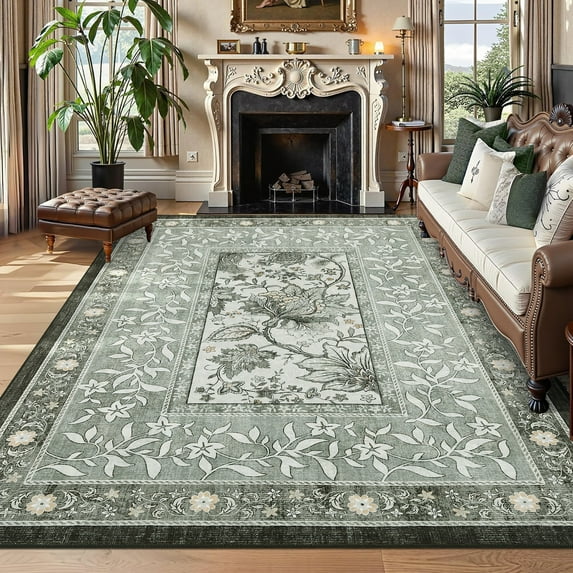 GlowSol 5'x7' Area Rug Botanical Cottagecore Indoor Rugs Washable Low Pile Non-Slip Accent Rugs for Living Room Bedroom, Gray Fog Green