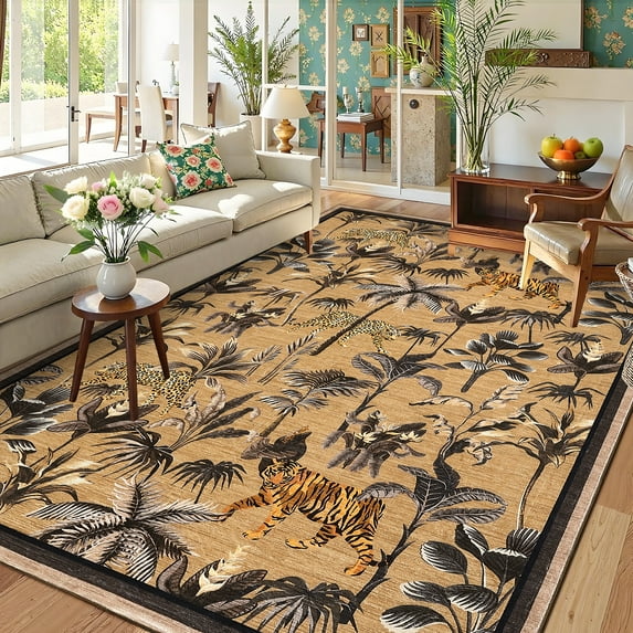 GlowSol 5'x7' Area Rug Jungle Animal Print Rug Tiger Pattern Washable Soft Foldable Rug Non-Slip Low Pile Rug Home Decor, Brown