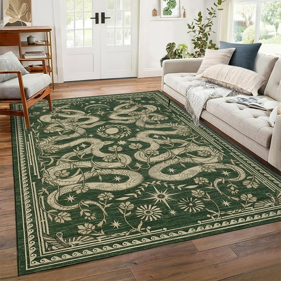 GlowSol 5'x7' Area Rug Snake Pattern Rug Soft Non Slip Low Pile Accent Rug Washable Rugs for Dining Room Home Office, Green