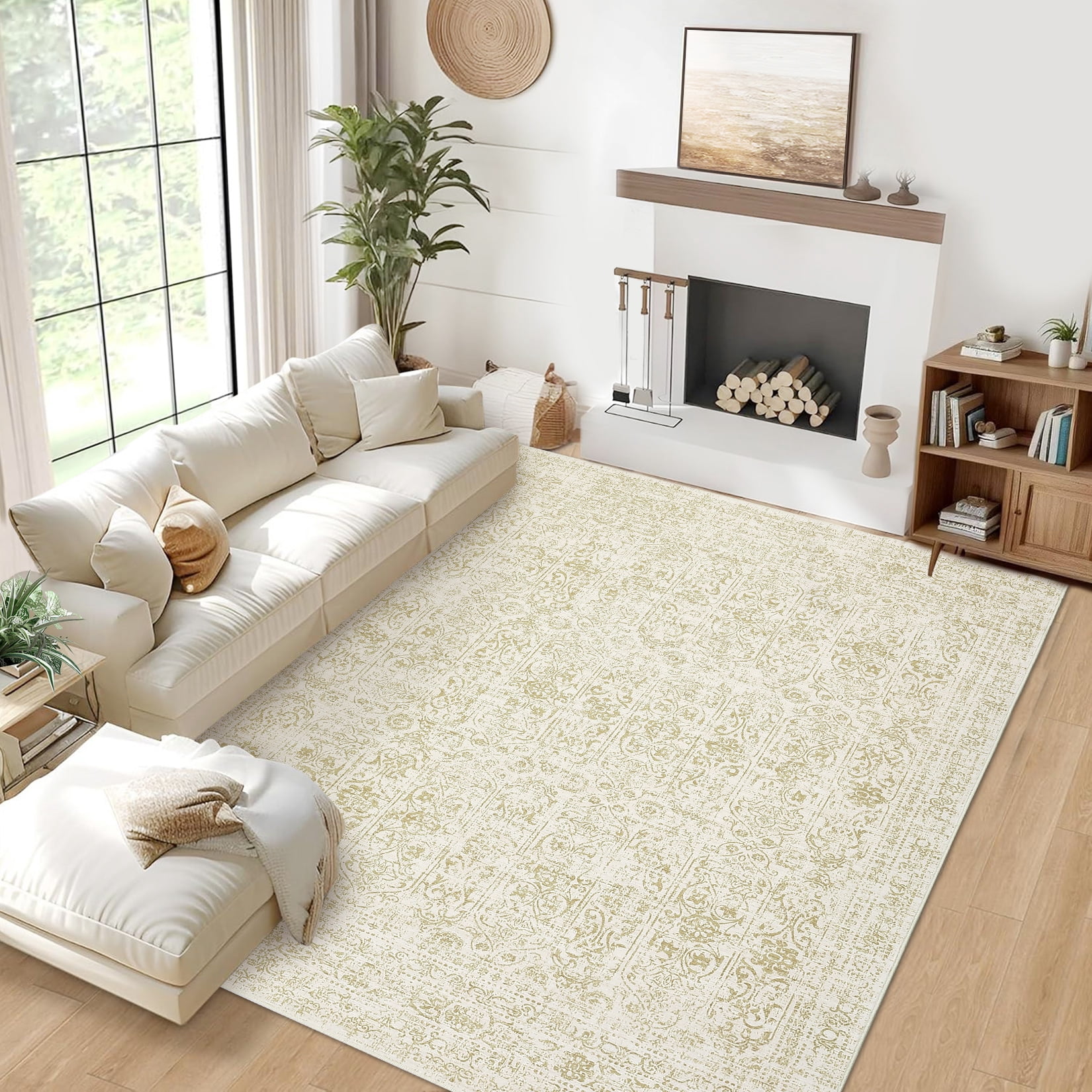 GlowSol 5'x7' Area Rug Soft Washable Oriental Distressed Rug Non-Slip Low Pile Indoor Carpet for Dining Room Home Office, Beige Camel