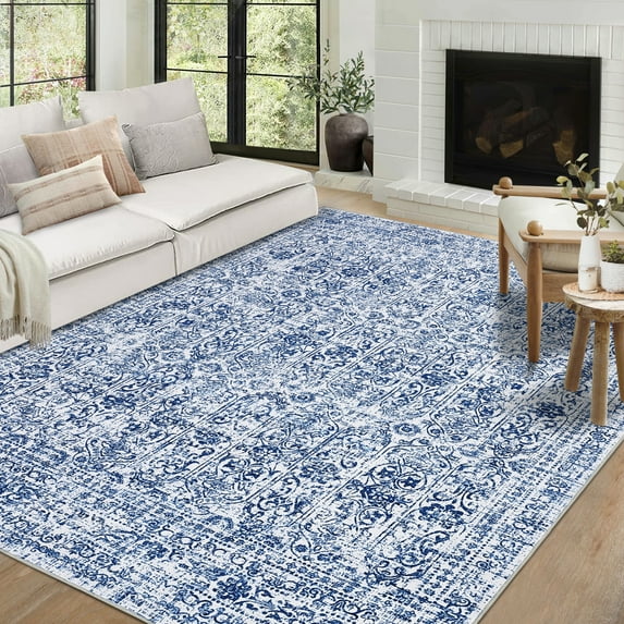 GlowSol 5'x7' Area Rug Soft Washable Oriental Distressed Rug Non-Slip Low Pile Indoor Carpet for Dining Room Home Office, Blue