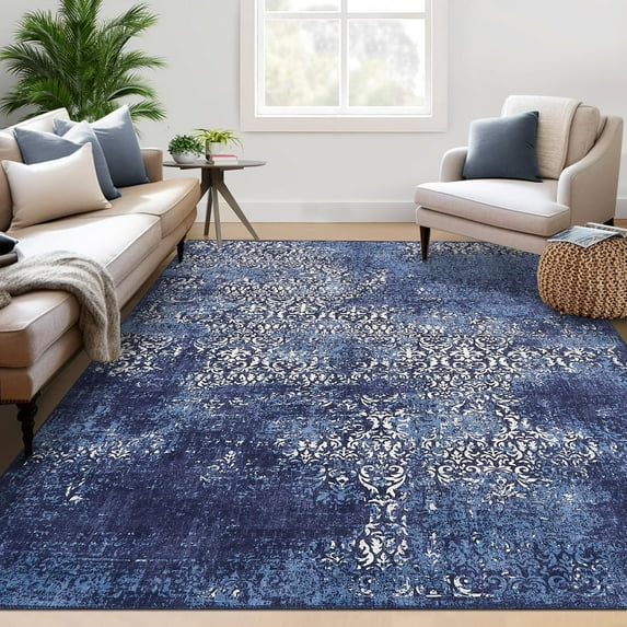 GlowSol 5'x7' Area Rug Vintage Distressed Floral Area Rug Washable Soft Foldable Indoor Floor Carpet, Blue