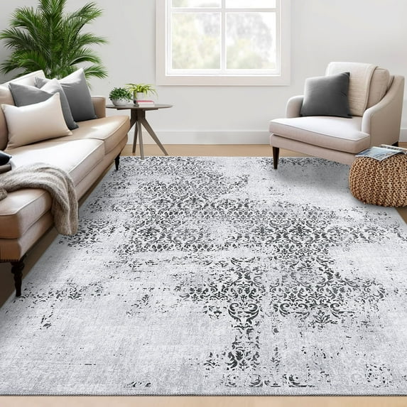 GlowSol 5'x7' Area Rug Vintage Distressed Floral Area Rug Washable Soft Foldable Indoor Floor Carpet, Gray