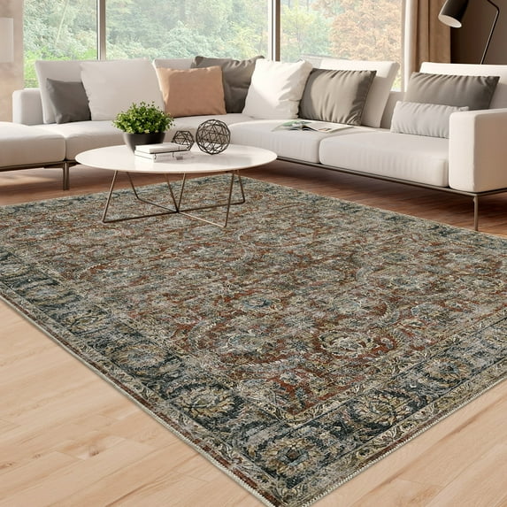 GlowSol 5'x7' Area Rug Vintage Distressed Rug Washable Rug Retro Soft Foldable Throw Rugs for Nursery Dorm Playroom, Red
