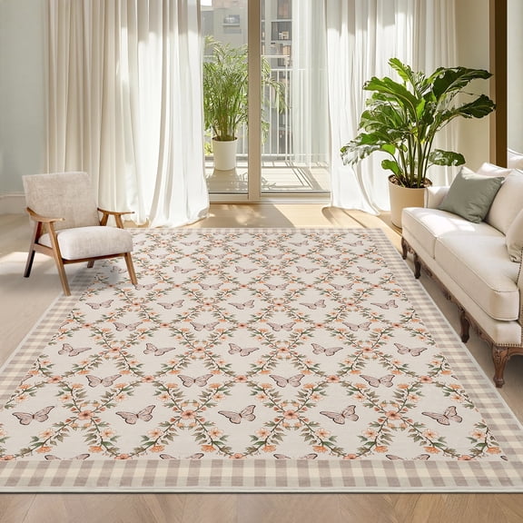 GlowSol 5'x7' Area Rugs Geometric Bordered Rug Farmhouse Floral Low Pile Non-Slip Rug Butterfly Pattern Rug for Living Room, Bedroom, Taupe