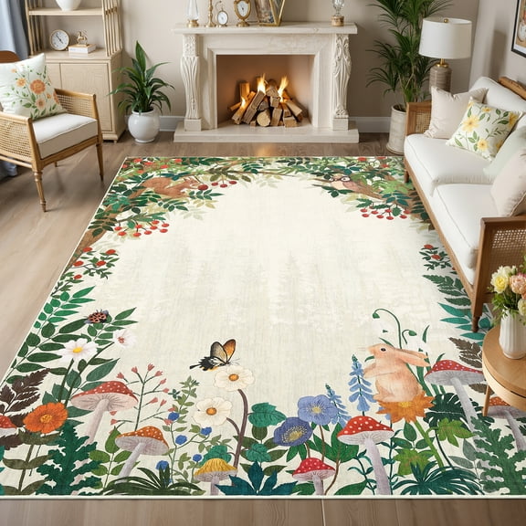 GlowSol 5'x7' Area Rugs Mushroom Forest Print Rug with Animals Floral Washable Area Rug Soft Non-Slip Low Pile Rug, Beige