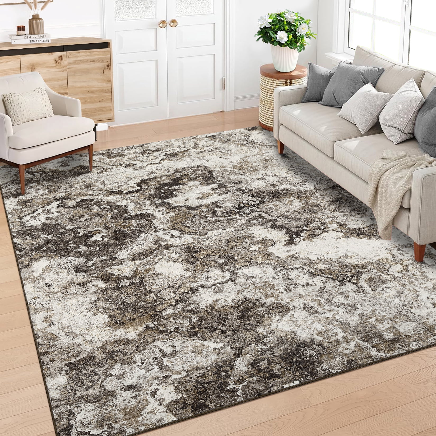 GlowSol 5'x7' Area Rugs for Living Room, Modern Abstract Rug Machine Washable Rug, Stain Resistant Carpet for Dining Room Home Office, Brown
