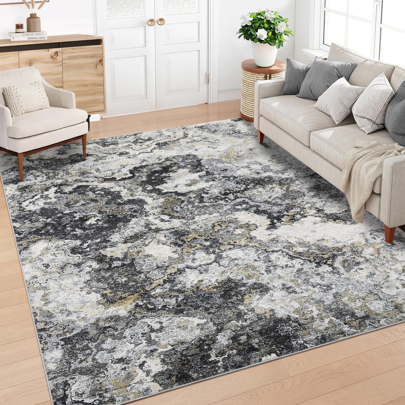 GlowSol 5'x7' Area Rugs for Living Room, Modern Abstract Rug Machine Washable Rug, Stain Resistant Carpet for Dining Room Home Office, Gray