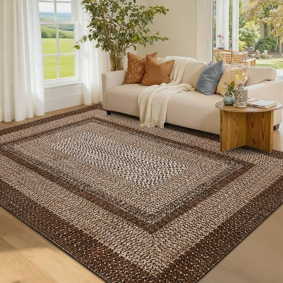 GlowSol 5'x7' Braided Print Area Rug Washable Modern Rugs for Dining Room Home Office Non Slip Low Pile Rug Home Decor, Brown
