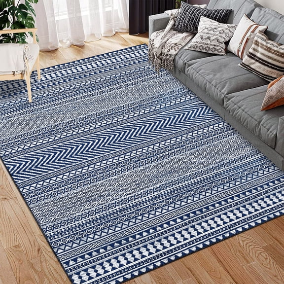 GlowSol 5'x7' Geometric Boho Area Rug Vintage Low Pile Carpet Non-Shedding for Living Room Bedroom Home Office Floor Carpet, Navy Blue