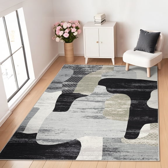 GlowSol 5'x7' Modern Abstract Area Rug Washable Contemporary Indoor Floor Cover Soft Foldable Thin Accent Rug for Dining Room Home Office, Gray