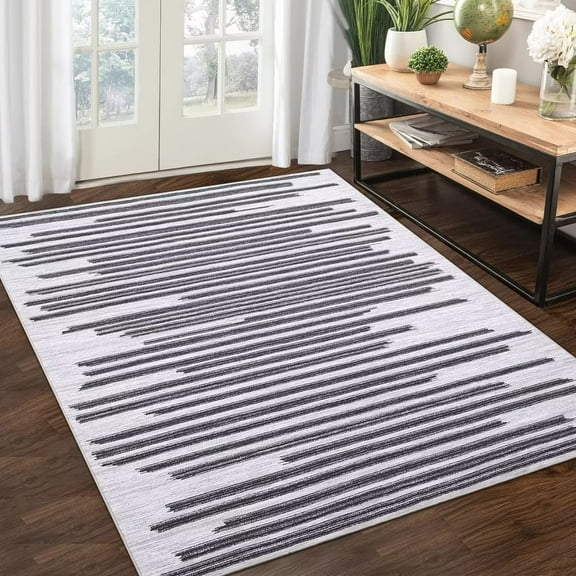 GlowSol 5'x7' Modern Berber Stripe Rug Boho Rug Anti-Slip Non-Shedding Indoor Carpet Soft Rug for Dining Room Office, Black Lines