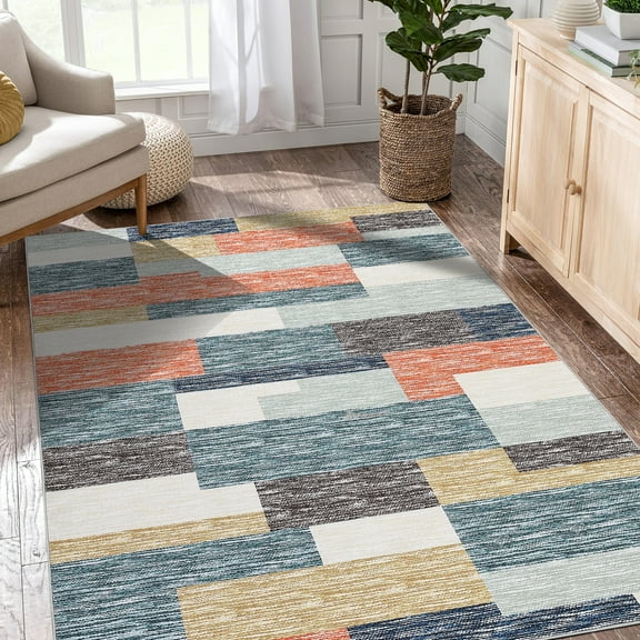 GlowSol 5'x7' Modern Geometric Area Rug Washable Non Slip Low Pile Rug Soft Foldable Thin Accent Rugs for Dining Room Bedroom, Blue/Multi