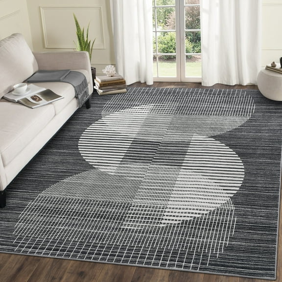 GlowSol 5'x7' Modern Geometric Rugs Living Room Semi-Circle Pattern Non Slip Low Pile Area Rug for Dorm, Black