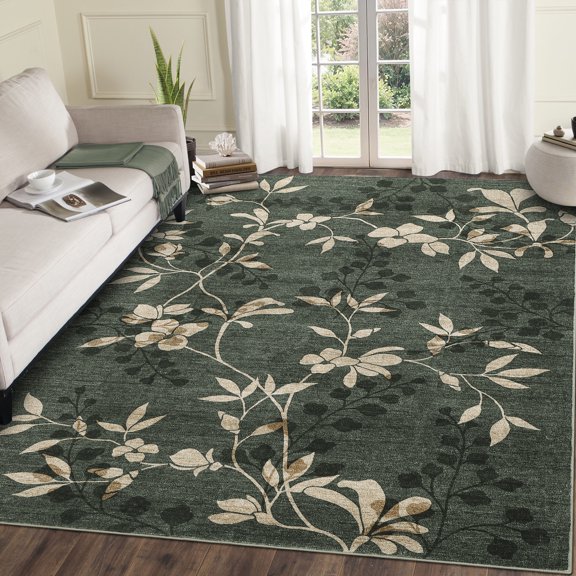GlowSol 5'x7' Modern Leaves Pattern Area Rugs for Living Room Bedroom Washable Soft Low Pile Non-Slip Rug, Green