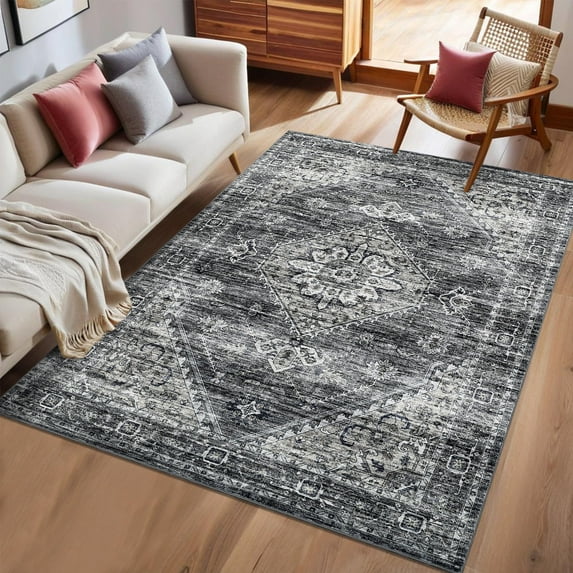 GlowSol 5'x7' Rugs for Living Room Bedroom Washable Vintage Medallion Carpet Soft Non Slip Low Pile Floral Print Area Rug, Dark Gray
