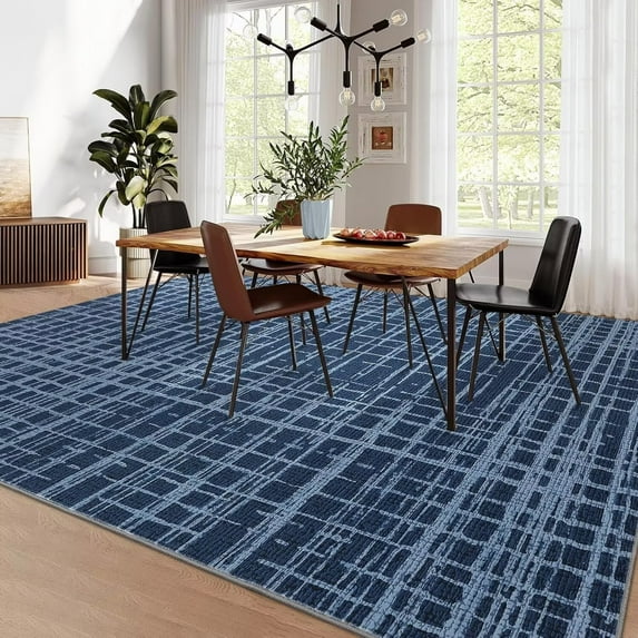 GlowSol 5'x7' Rugs for Living Room, Modern Abstract Area Rug Low Pile Non-Slip Geometric Stripes Carpet, Soft Foldable Bedroom Rug, Blue
