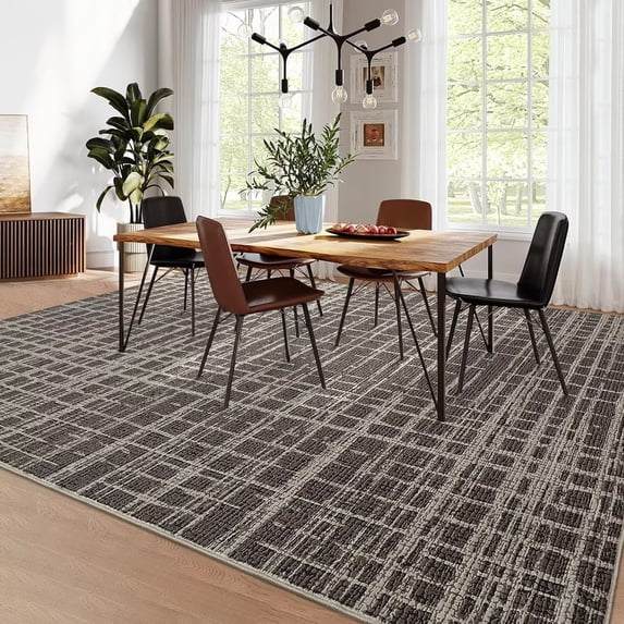 GlowSol 5'x7' Rugs for Living Room, Modern Abstract Area Rug Low Pile Non-Slip Geometric Stripes Carpet, Soft Foldable Bedroom Rug, Brown