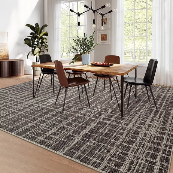 GlowSol 5'x7' Rugs for Living Room, Modern Abstract Area Rug Low Pile Non-Slip Geometric Stripes Carpet, Soft Foldable Bedroom Rug, Brown