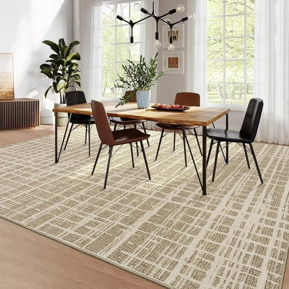 GlowSol 5'x7' Rugs for Living Room, Modern Abstract Area Rug Low Pile Non-Slip Geometric Stripes Carpet, Soft Foldable Bedroom Rug, Camel
