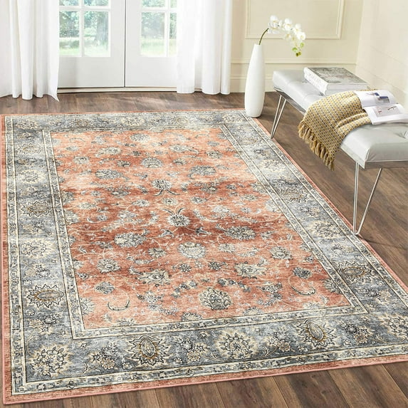 GlowSol 5'x7' Vintage Floral Area Rugs Oriental Persian Rug Soft Accent Rugs Low Pile Stain Resistant Non-Slip Carpet for Playroom Apartment, Brick Red