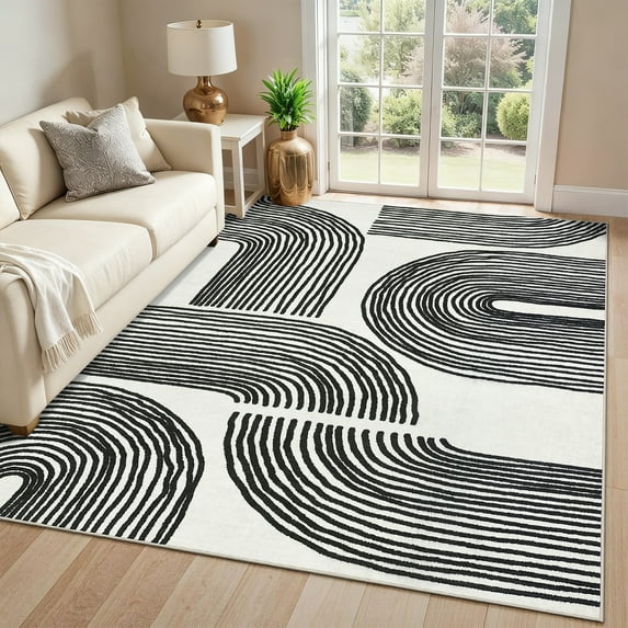 GlowSol 5'x7' Washable Area Rugs Geometric Stripes Rug Indoor Modern Non-Slip Low Pile Accent Rug Home Decor, Black